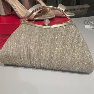 Sand Gold Handle Evening Clutch w/ Stone Closure & Chain Strap-Elegant